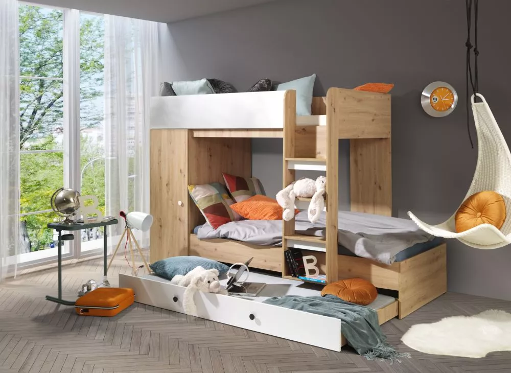 Bērnu gulta Smart 2 ar stelāžām Guļamvietas platums: 90 cm, Guļamvietas garums: 200 cm, · 94.4 × 254.4 × 165 cm