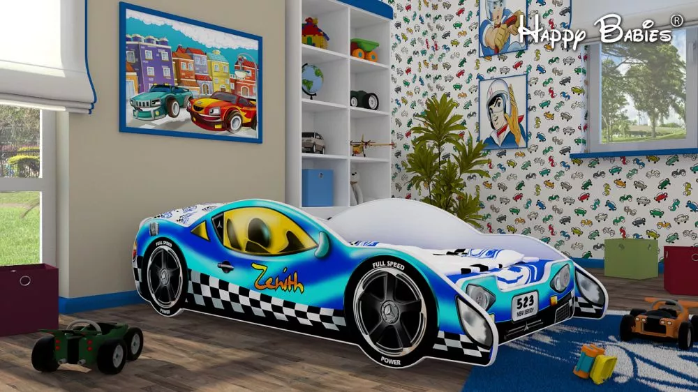 Bērnu gulta Auto Zenith Blue ar stelāžu Guļamvietas platums: 90 cm, Guļamvietas garums: 190 cm, · Zils · 94 × 210 × 59 c