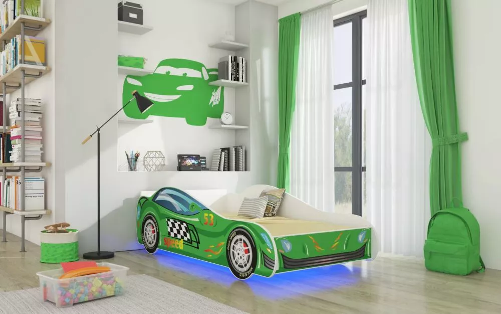 Bērnu gulta Car 2 Speed ar LED un stelāžu · Daudzkrāsains · 74 × 153 × 48 cm
