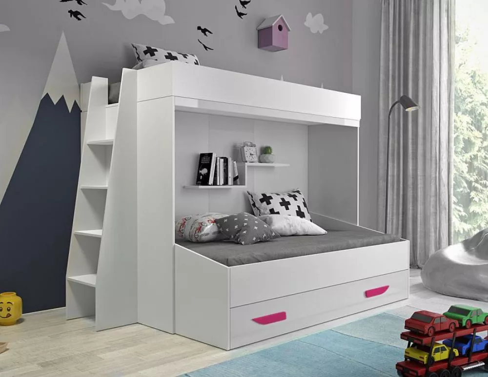 Bērnu gulta Party 17S ar stelāžām Guļamvietas platums: 90 cm, Guļamvietas garums: 200 cm, · 135 × 230 × 165 cm