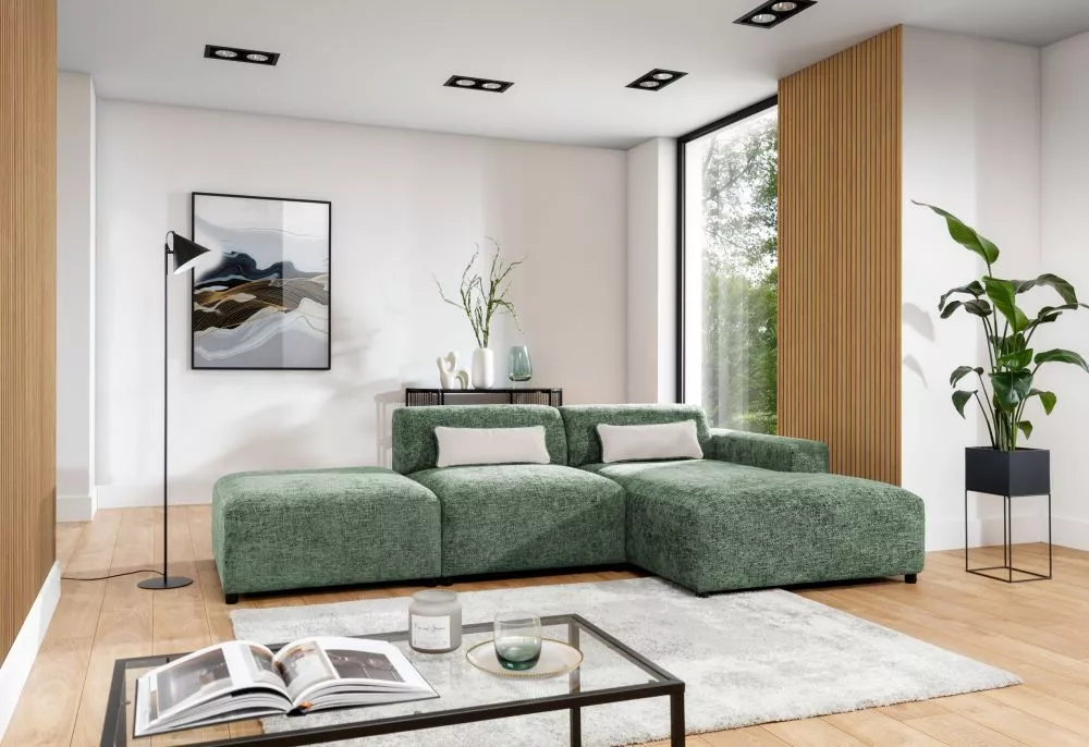 Dīvāns Roma Corner Standard ar pufu · Zaļš · 165 × 304 × 75 cm