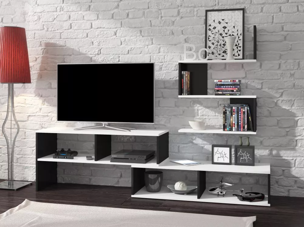 TV tumba Sydney Meblo · Balts + melns spīdums · 180 × 34.7 × 128 cm