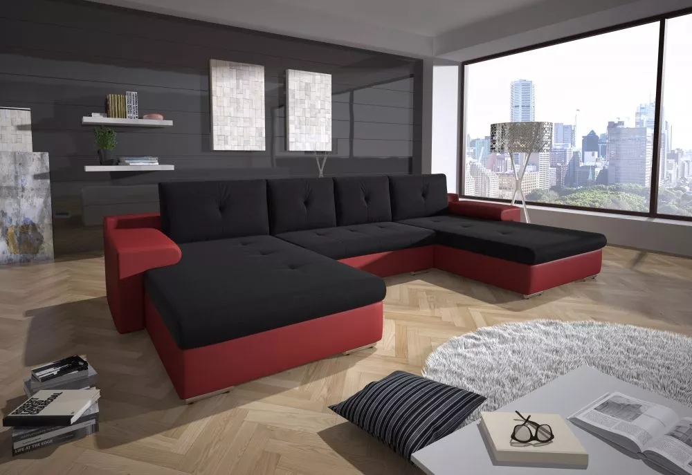 Dīvāns Milano U Standard · Melns + sarkans · 184 × 369 × 88 cm