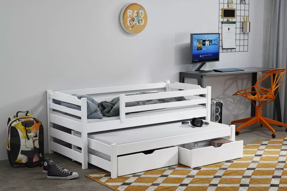 Bērnu gulta Marcin 2 ar stelāžām Guļamvietas platums: 80 cm, Guļamvietas garums: 180 cm, · Balts · 87 × 190 × 77 cm