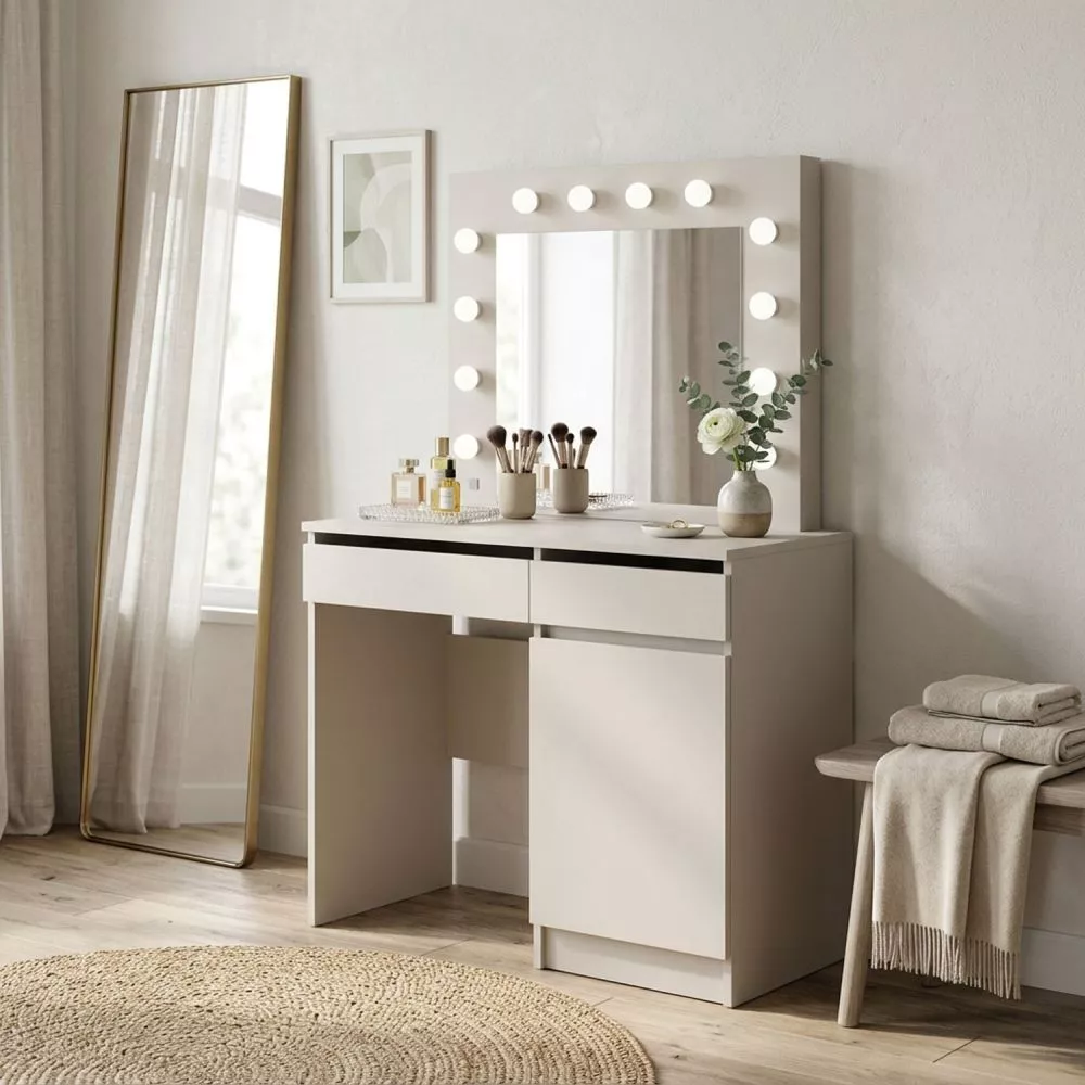 Kosmētikas galds Hollywood 95 ar LED · Kašmira · 95 × 141 × 43 cm
