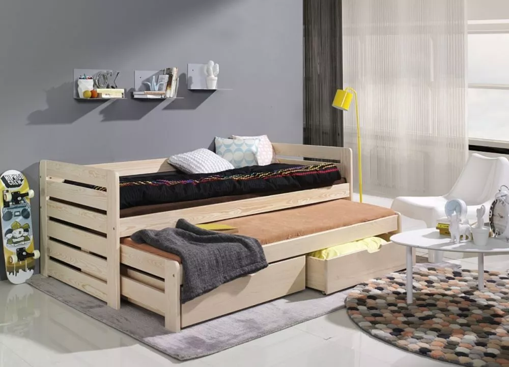 Bērnu gulta Tomasz ar stelāžām Guļamvietas platums: 80 cm, Guļamvietas garums: 180 cm, · Priede · 87 × 185 × 77 cm