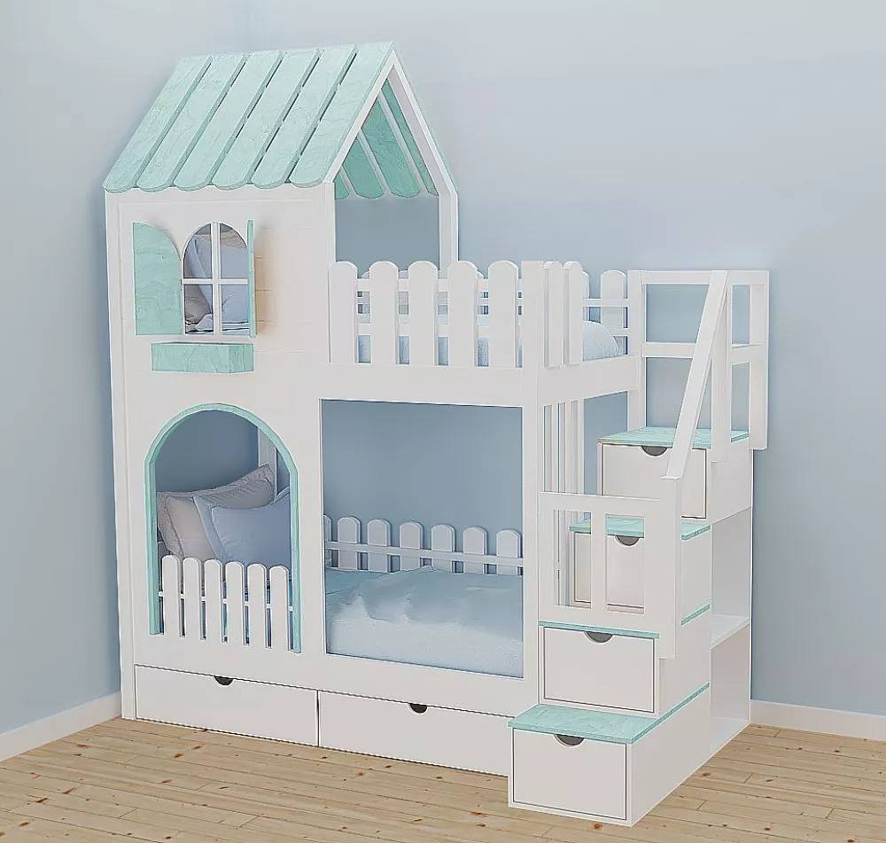 Bērnu gulta ID 114P ar stelāžām Kāpņu puse: Pa labi, Guļamvietas platums: 80 cm, Guļamvietas garums: 160 cm, · 112 × 212