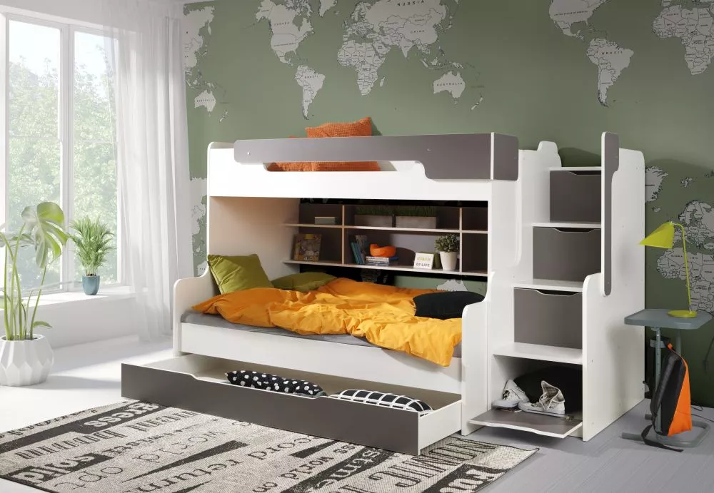 Bērnu gulta Harry Premium ar stelāžām Guļamvietas platums: 90 cm, Guļamvietas garums: 200 cm, · 129 × 260 × 155 cm
