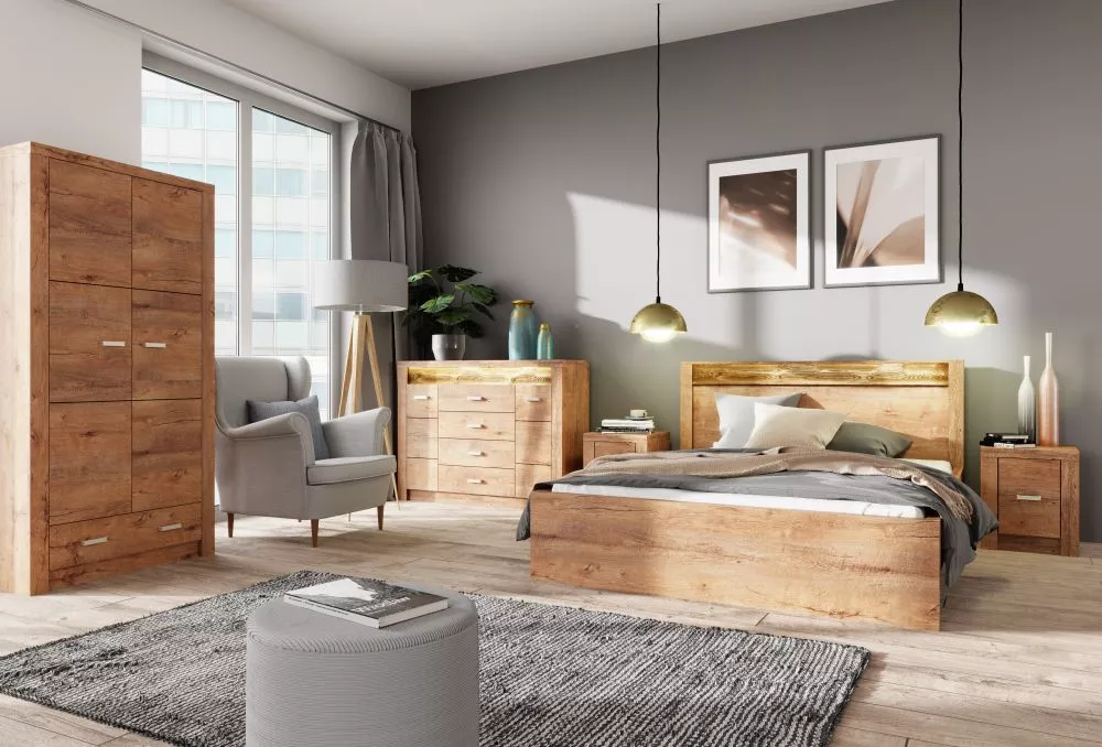 Gulta Indianapolis I19 LED ar stelāžu Guļamvietas platums: 160 cm, Guļamvietas garums: 200 cm, · Gaišais osis · 170 × 21