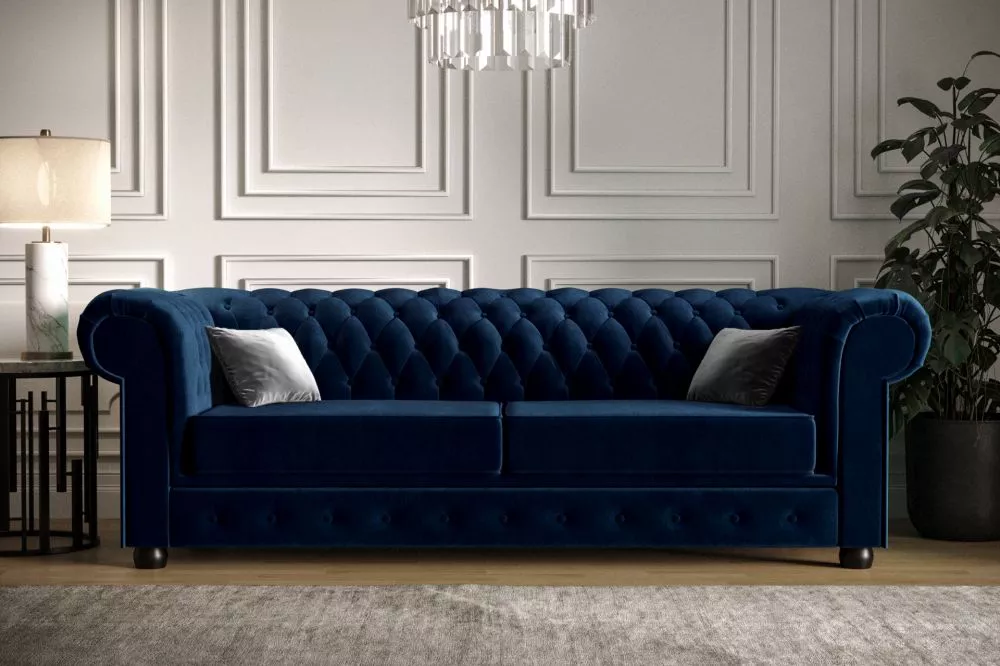 Dīvāns Manchester 3S Velvet Premium Standard · Tumši zils · 98 × 220 × 72 cm