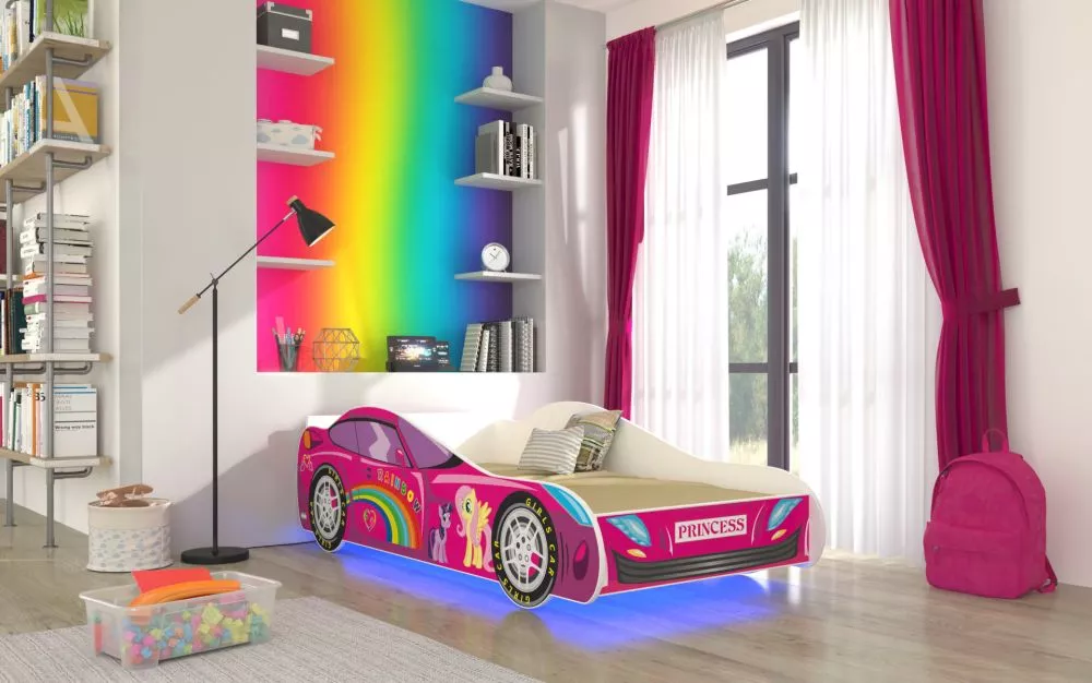 Bērnu gulta Car 2 Pink ar LED un stelāžu · Daudzkrāsains · 74 × 153 × 48 cm