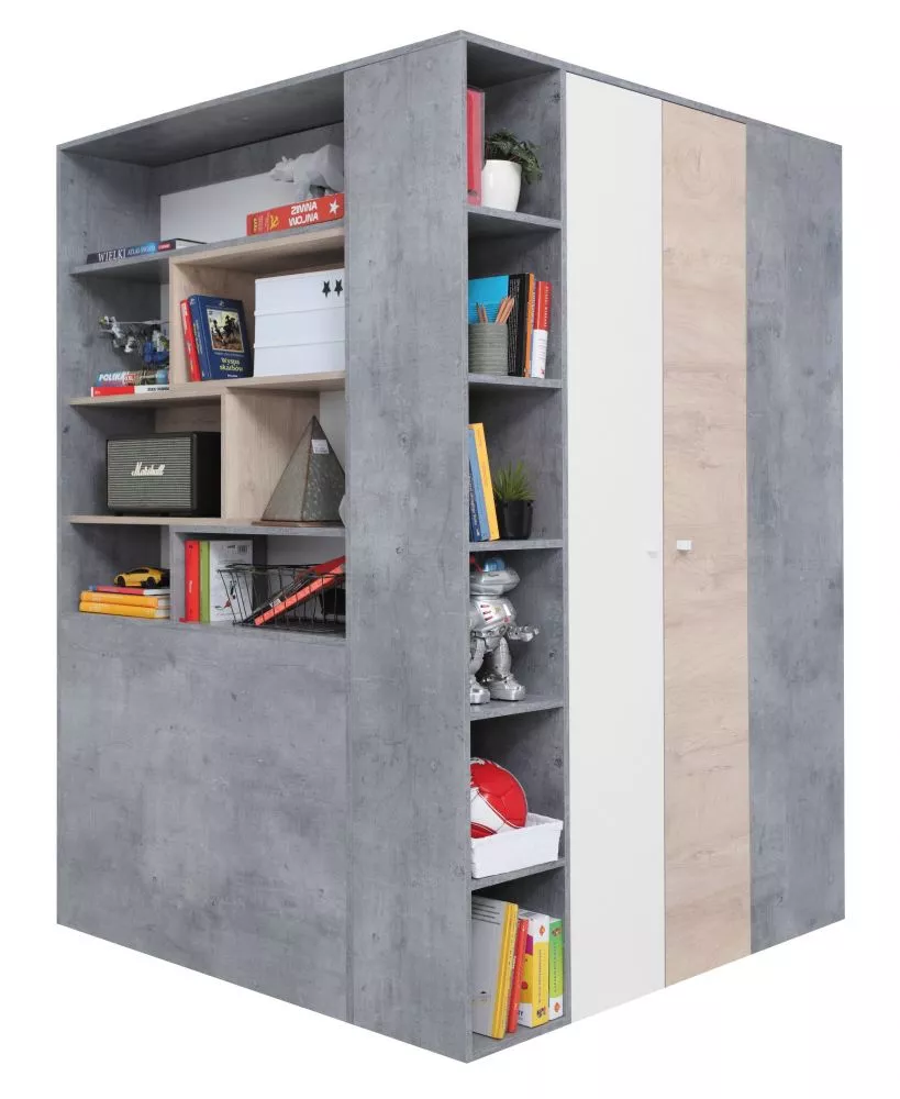 Skapis Sigma SI1 ar LED · Betons + balts + ozols · 135 × 135 × 190 cm
