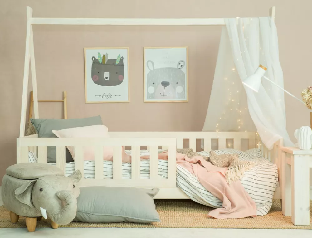 Bērnu gulta LK 142 ar stelāžu Guļamvietas platums: 90 cm, Guļamvietas garums: 180 cm, · Priede · 95 × 185 × 150 cm