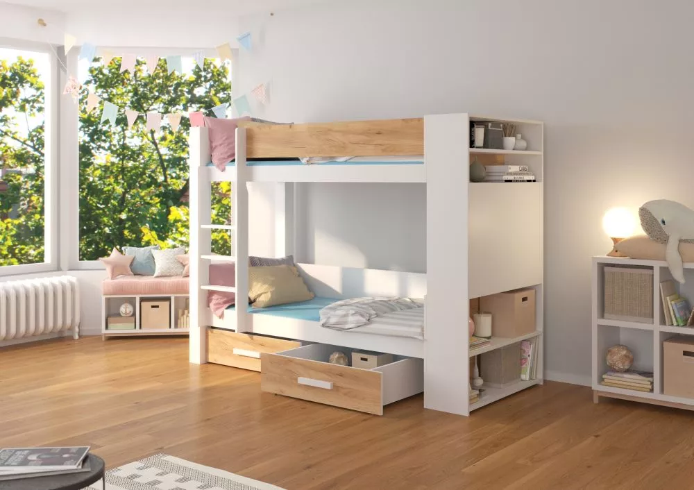 Gulta Garet ar stelāžam Guļamvietas platums: 90 cm, Korpusa krāsa: balts, Guļamvietas garums: 200 cm, stelāžas tips: kok