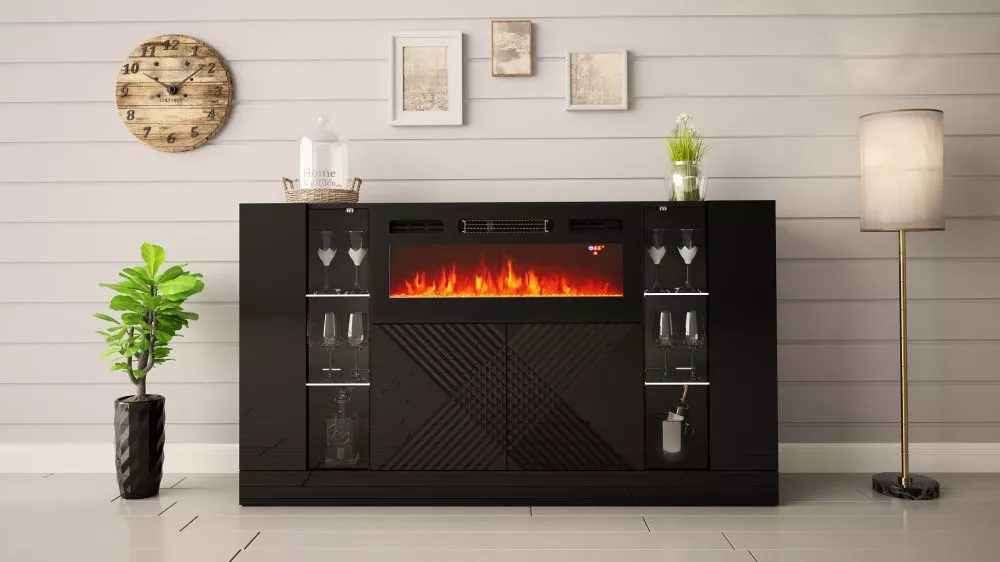 Kumode Arragis 160 LED ar kamīnu · Melns · 160 × 35 × 90 cm