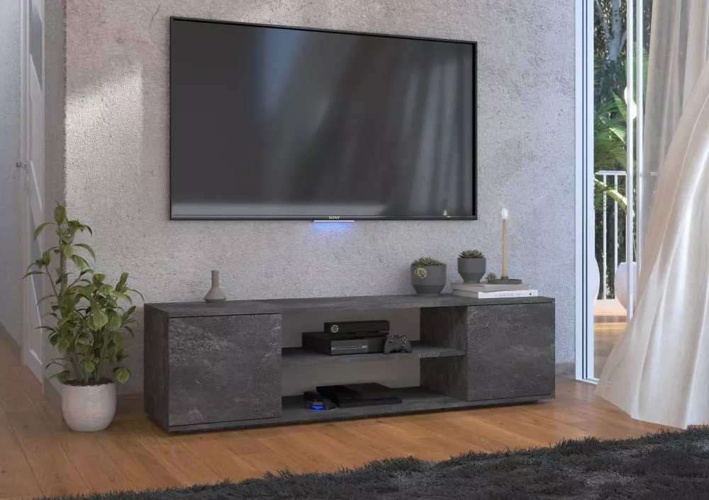TV tumba Petra Metal · Tumšais betons · 155 × 40 × 37 cm