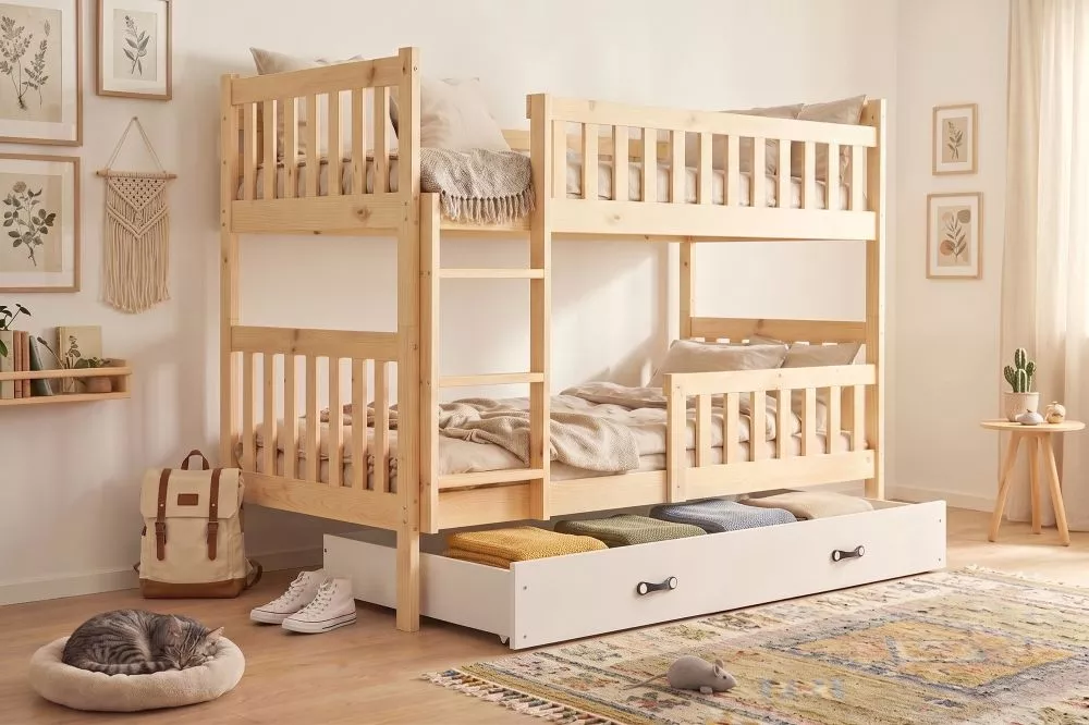 Bērnu gulta Kubus Double ar stelāžām Guļamvietas platums: 90 cm, Guļamvietas garums: 190 cm, · Priede · 97 × 195 × 154 c