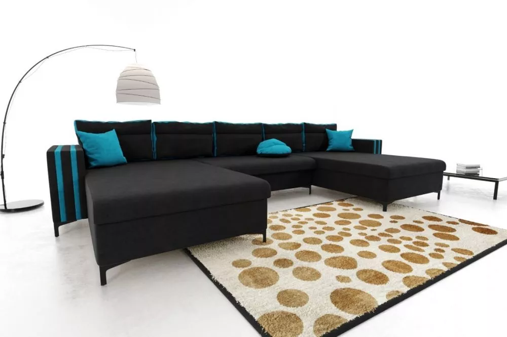 Dīvāns Vigo Standard · Melns + tirkīzs · 142 × 350 × 76 cm