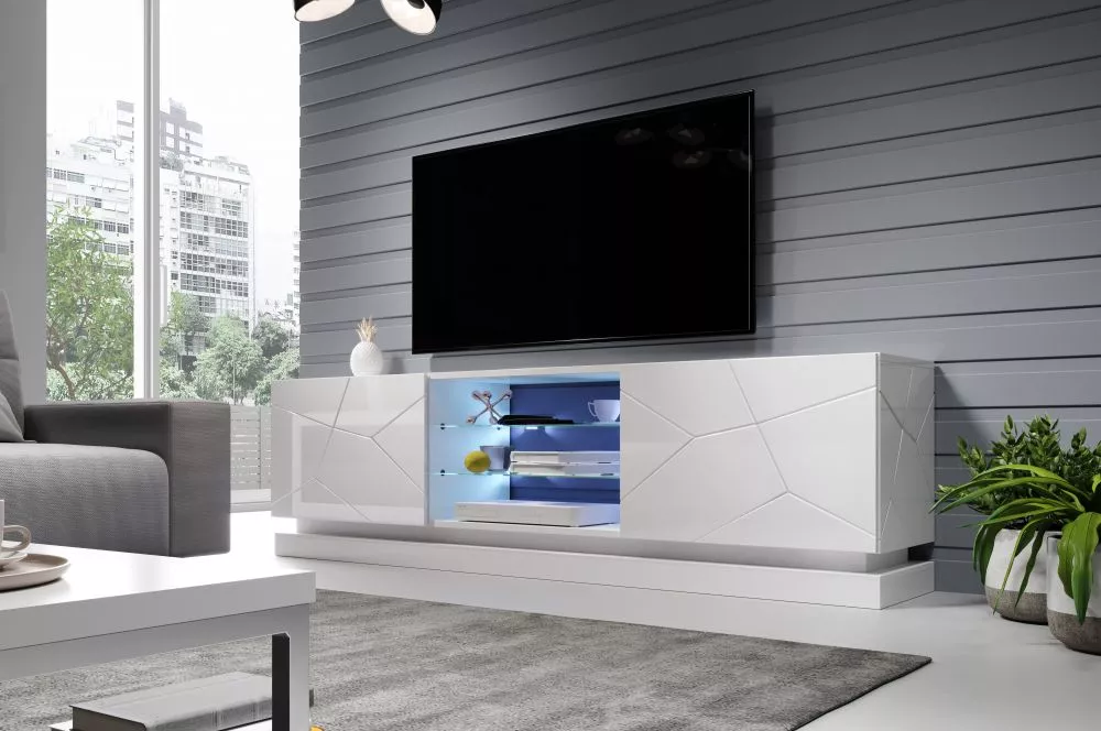 TV tumba Qiu ar LED · Balts · 200 × 40 × 57 cm