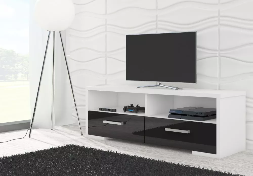 TV tumba Roma Meblo · Balts + melns spīdums · 120 × 37 × 41.3 cm