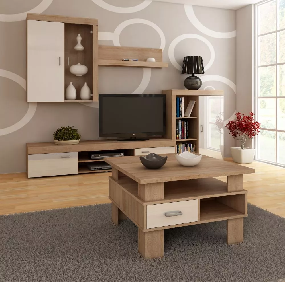 Žurnālgalds Gamma Galda virsmas biezums: 2.5 cm, · Sonoma + balts spīdums · 80 × 80 × 52 cm