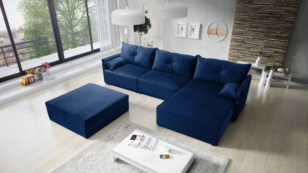 Dīvāns Leon 2 Standard ar pufu · Zils · 179 × 318 × 85 cm