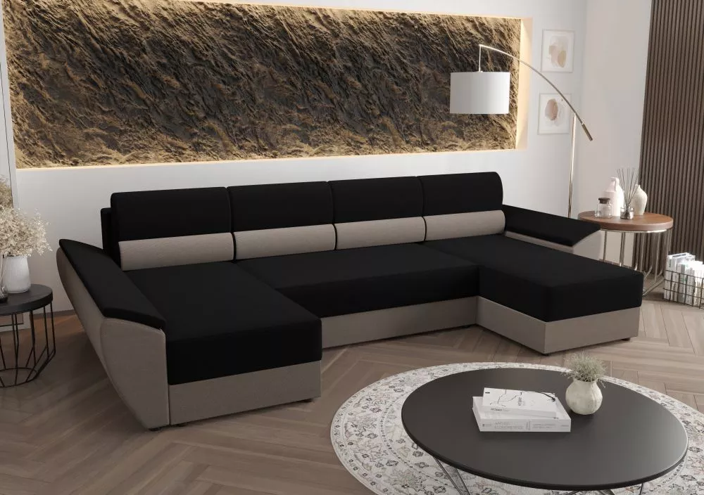 Dīvāns Rebi U3 Standard · Melns + pelēks · 140 × 321 × 88 cm