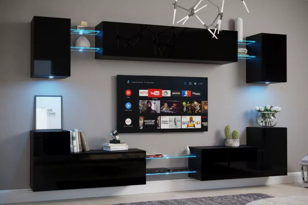 Sekcija Nairobi C1 gloss ar LED · Melns · 307,6 × 35 × 180 cm