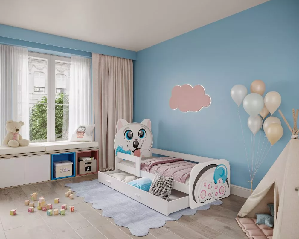 Bērnu gulta Zwierzaki ar stelāžu Guļamvietas platums: 80 cm, Guļamvietas garums: 160 cm, · 85 × 163 × 90 cm