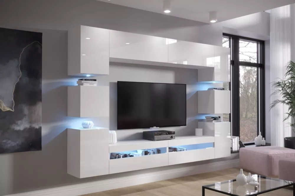 Sekcija Next 36 gloss ar LED · Balts · 256 × 35 × 205 cm