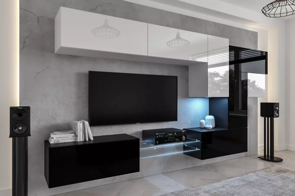 Sekcija Next AN92 gloss ar LED · Balts + melns · 303 × 35 × 206 cm