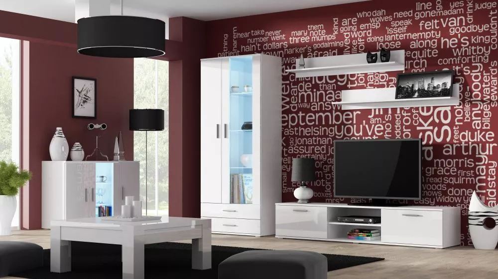 Sekcija Soho 9 ar LED · Balts · 380 × 43 × 192 cm