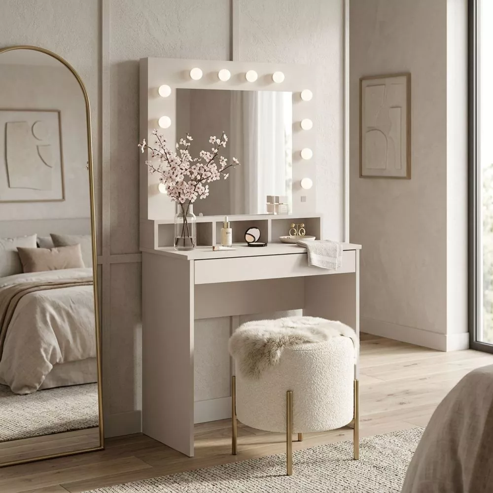 Kosmētikas galds Broadway 80 ar LED · Kašmira · 80 × 152 × 44 cm