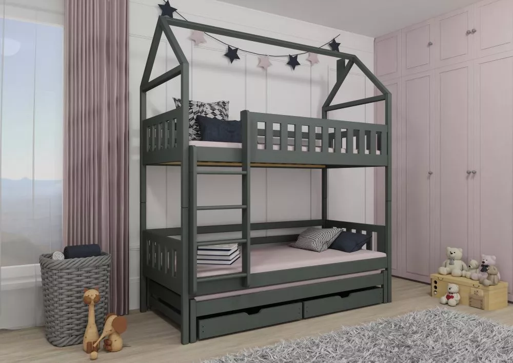 Bērnu gulta Iga ar stelāžām Guļamvietas platums: 90 cm, Guļamvietas garums: 190 cm, · Grafīts · 97 × 198 × 217 cm