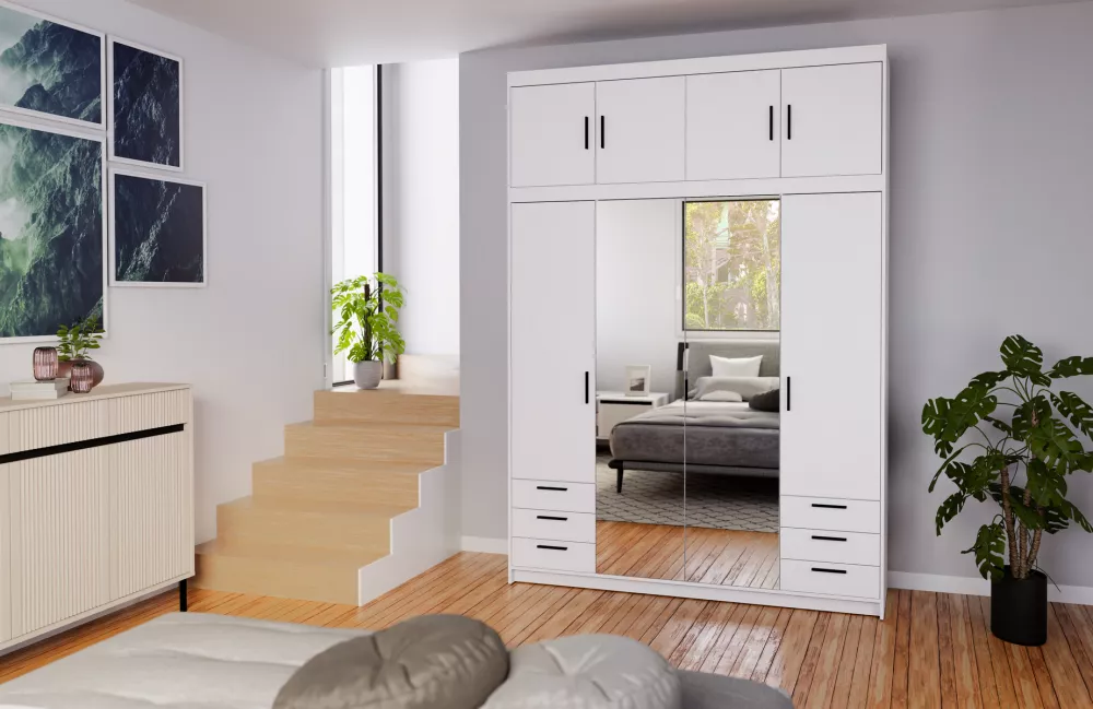 Skapis Elena 4D6S Premium ar spoguli · Balts · 176.3 × 53 × 245.5 cm