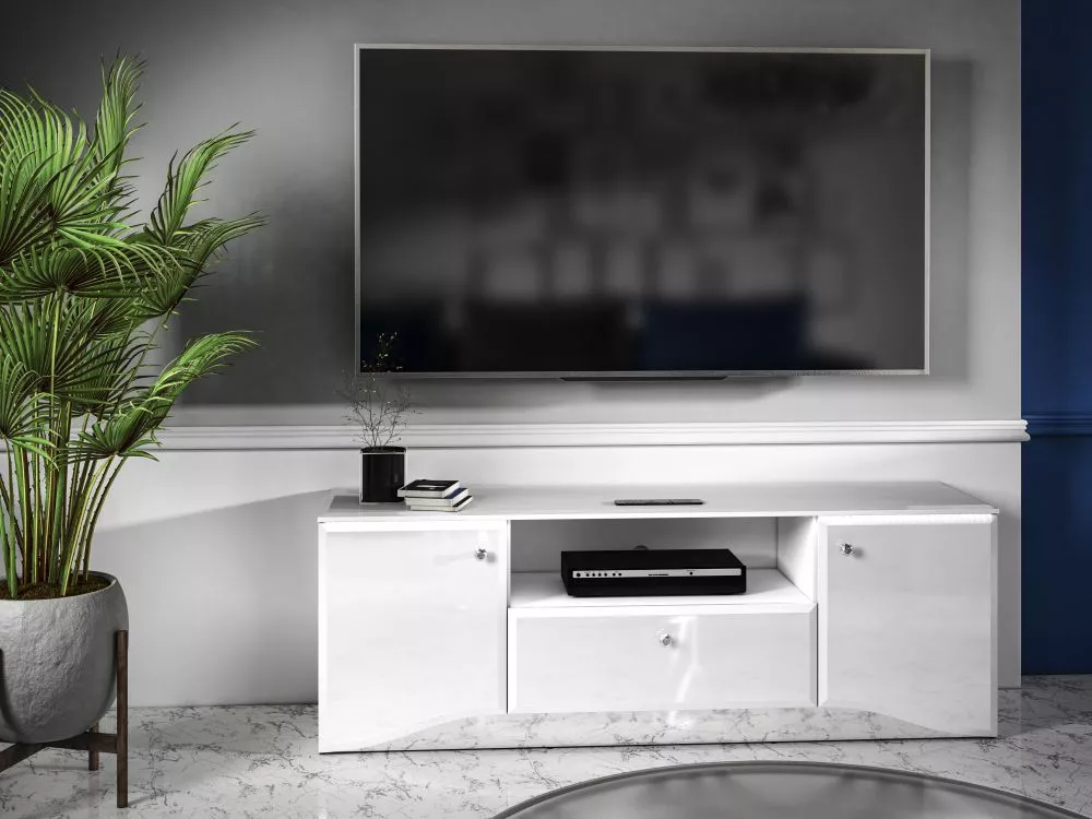 TV tumba Glamour White 03 ar LED · Balts · 160 × 41 × 56 cm