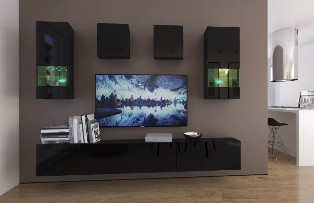 Sekcija Next 279 ar LED · Melns · 249 × 35 × 201 cm