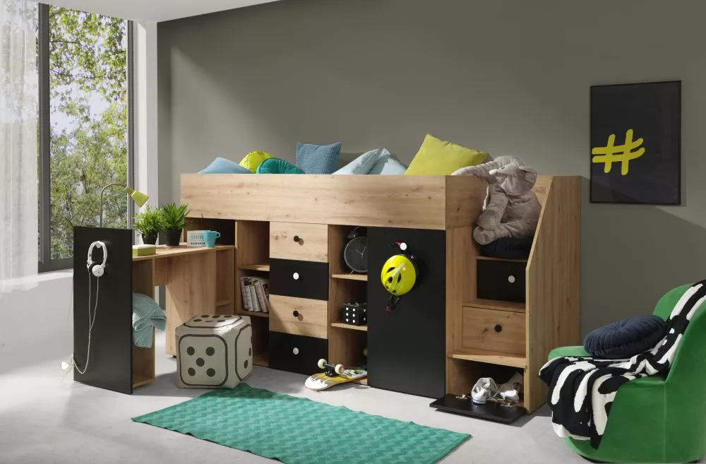 Bērnu gulta Smart 3 ar stelāžu Kāpņu puse: Pa labi, Guļamvietas platums: 90 cm, Guļamvietas garums: 200 cm, · 93 × 248,5
