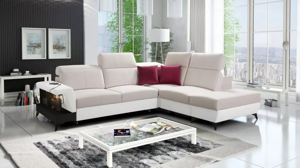 Dīvāns Belutti 7 Satin Black Standard ar LED · Krēma + balts · 236 × 288 × 84 cm