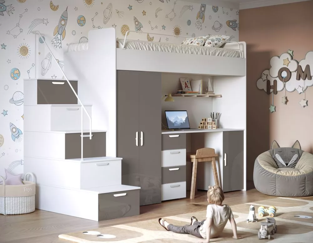 Bērnu gulta Raj 4 Gloss ar stelāžu Guļamvietas platums: 80 cm, Guļamvietas garums: 200 cm, · 120 × 254 × 180 cm