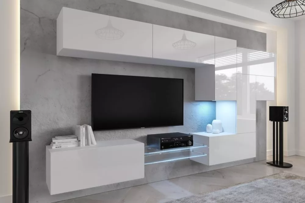 Sekcija Next AN92 gloss ar LED · Balts · 303 × 35 × 206 cm