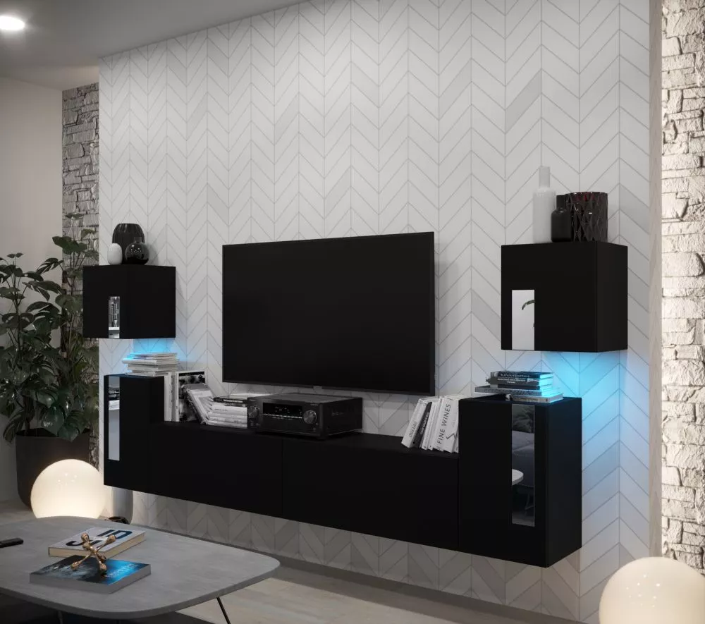 Sekcija New Concept C86 ar LED · Melna · 296 × 35 × 120 cm