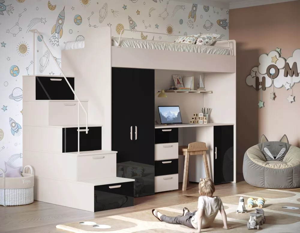 Bērnu gulta Raj 4 Gloss ar stelāžu Guļamvietas platums: 80 cm, Guļamvietas garums: 200 cm, · 120 × 254 × 180 cm