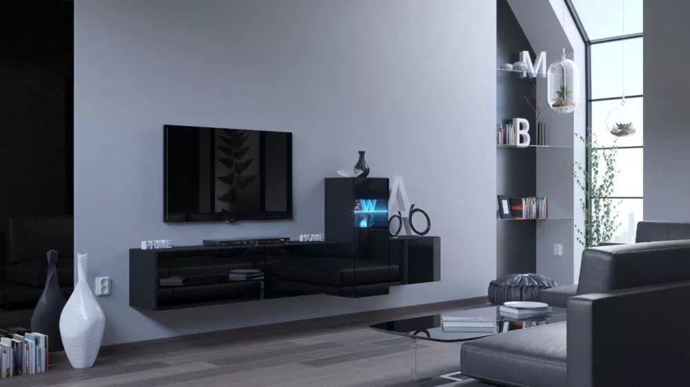 Sekcija Next 61 gloss ar LED · Melns · 263 × 35 × 91 cm
