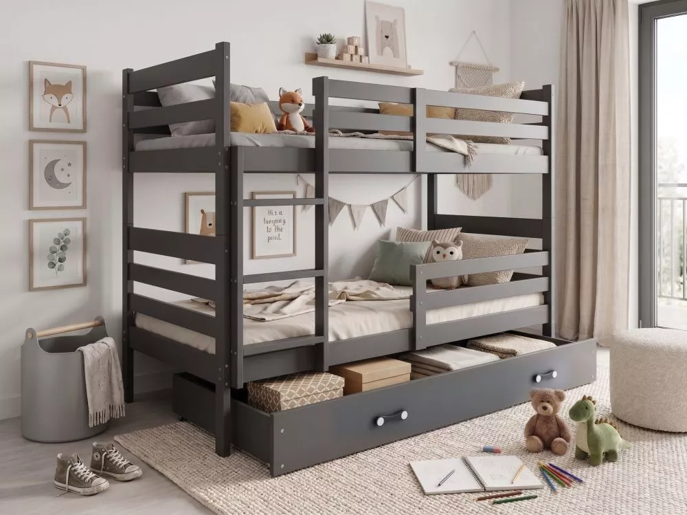 Bērnu gulta Eryk Pine S ar stelāžām Guļamvietas platums: 90 cm, Guļamvietas garums: 190 cm, · Grafīts · 97 × 195 × 154 c