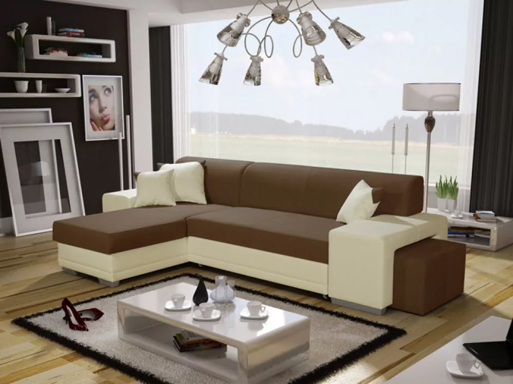 Dīvāns Vera Twin + Puf Standard · Brūns + krēms · 160 × 302 × 73 cm
