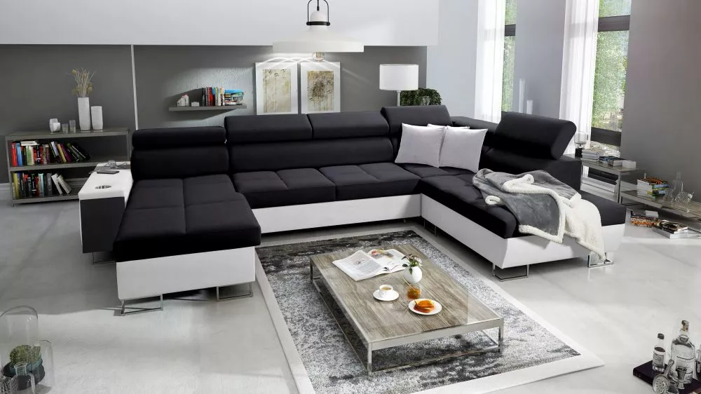 Dīvāns Morena 6 Premium Standard · Melns + balts · 221 × 360 × 84 cm