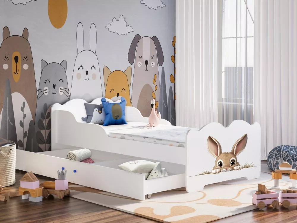 Bērnu gulta Zajaczek ar stelāžu Guļamvietas platums: 80 cm, Guļamvietas garums: 160 cm, · Balts · 92 × 164 × 65 cm