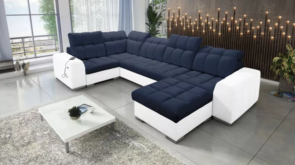 Dīvāns Pagano 4 Premium Standard · Tumši zils + balts · 210 × 362 × 83 cm