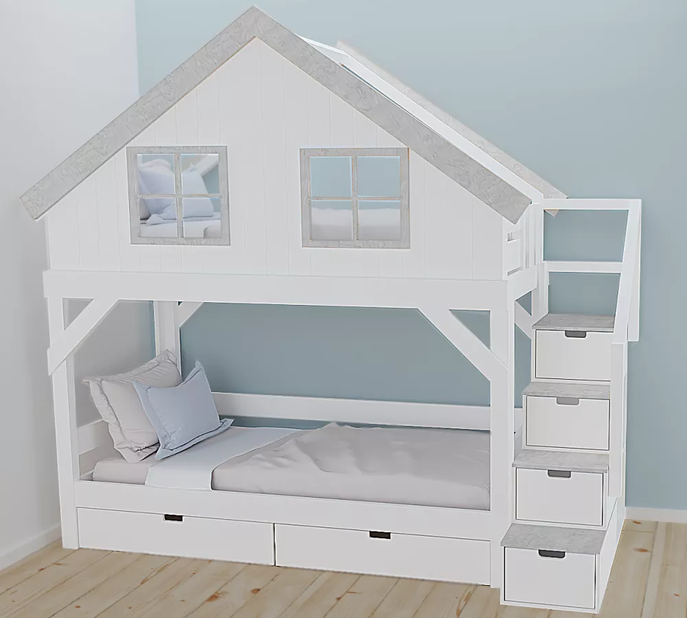 Bērnu gulta 110P ar stelāžām Kāpņu puse: Pa labi, Guļamvietas platums: 90 cm, Guļamvietas garums: 200 cm, · 118 × 257 × 